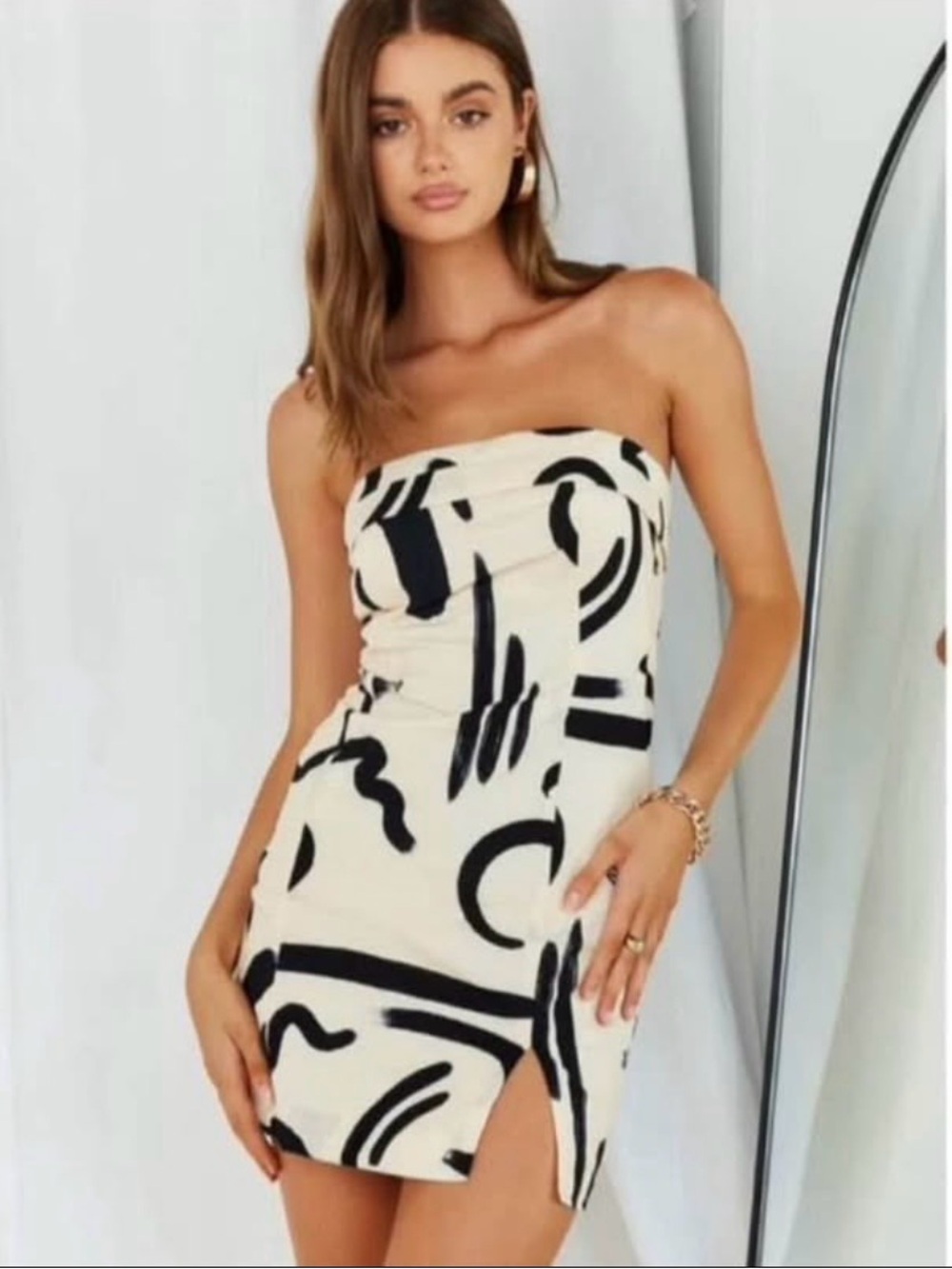 Seven Wonders Strapless Black & Cream Pattern Mini Dress Size XS